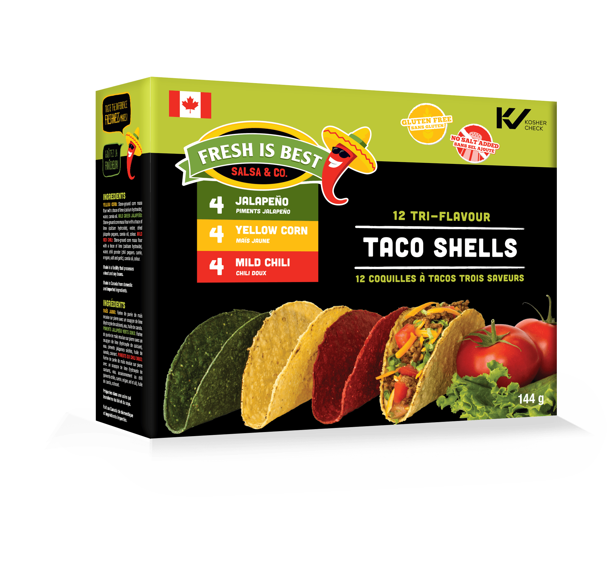 Fresh Is Best Tri-Flavour Taco Shells (Yellow Corn, Jalapeno and Chili) - 144g